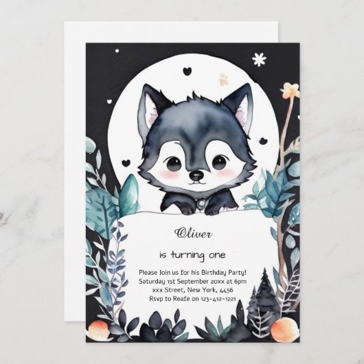 Wolf eerste verjaardag uitnodiging (Voorkant / Achterkant)