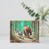 Wolf en Beer Chase Pastel Chalk Forest Scene Briefkaart (Staand voorkant)