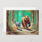 Wolf en Beer Chase Pastel Chalk Forest Scene Briefkaart (Voorkant / Achterkant)