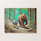 Wolf en Beer Chase Pastel Chalk Forest Scene Legpuzzel (Horizontaal)