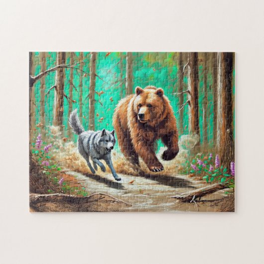 Wolf en Beer Chase Pastel Chalk Forest Scene Legpuzzel (Horizontaal)