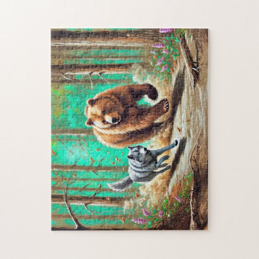 Wolf en Beer Chase Pastel Chalk Forest Scene Legpuzzel (Verticaal)