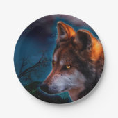 Wolf en de maan om middernacht papieren bordje (Voorkant)