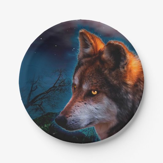 Wolf en de maan om middernacht papieren bordje (Voorkant)