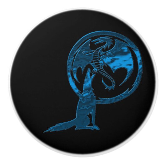 Wolf en Dragon Blauwe keramische knop (Voorkant)