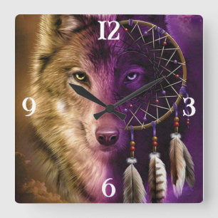 Wolf en Dream Catcher Square Wall Clock Vierkante Klok