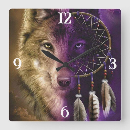 Wolf en Dream Catcher Square Wall Clock Vierkante Klok (Voorkant)