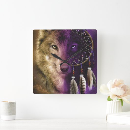 Wolf en Dream Catcher Vierkante Klok (Huis)