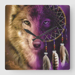 Wolf en Dream Catcher Vierkante Klok