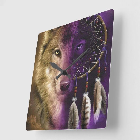 Wolf en Dream Catcher Vierkante Klok (Hoek)