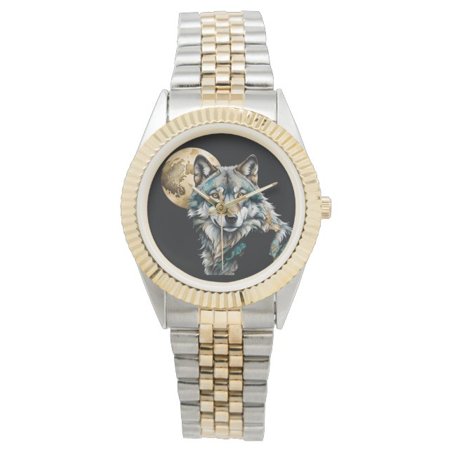 Wolf en gouden maan horloge (Voorkant)