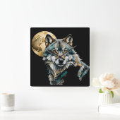 Wolf en gouden maan vierkante klok (Huis)
