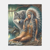 Wolf en Indiaan in natuur Fleece Deken (Voorkant)