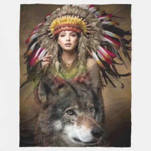 WOLF en INDIAN MADIEN Fleece Deken