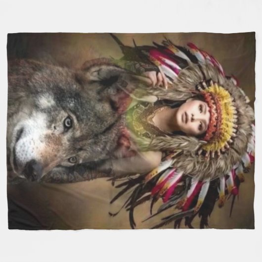 WOLF en INDIAN MADIEN Fleece Deken (Voorkant (Horizontaal))