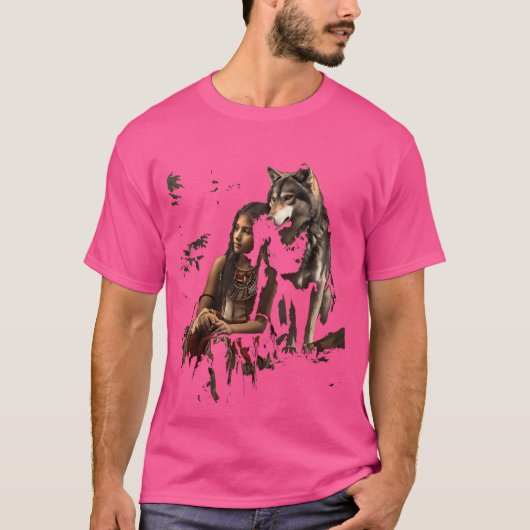 Wolf en Indische vrouw Meisje Inheems India T-shirt (Voorkant)