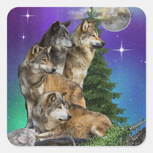 Wolf en Maan Vierkante Sticker (Voorkant)