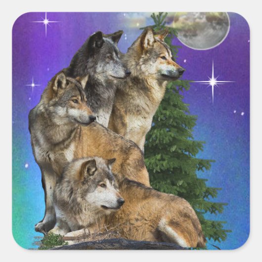 Wolf en Maan Vierkante Sticker (Voorkant)