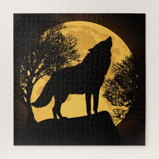 Wolf en maan Zwart en geel legpuzzel (Verticaal)