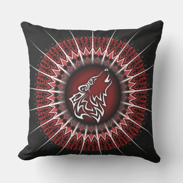 Wolf en Mandala Rood Wit Zwart Modern Buitenkussen (Voorkant)