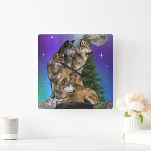 Wolf en Moon Vierkante Klok (Huis)