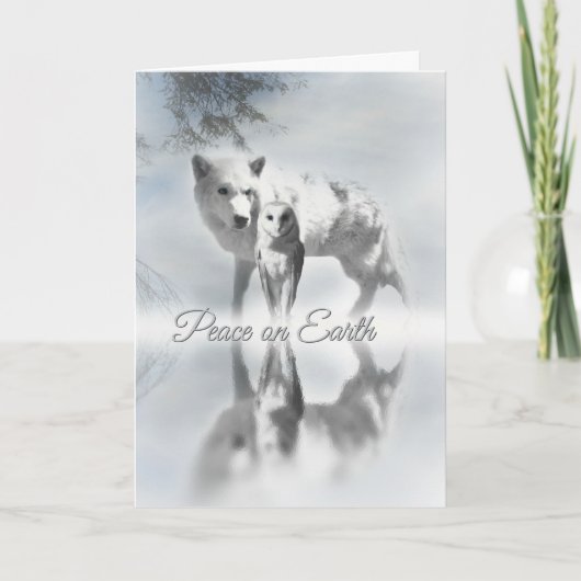 Wolf en Owl Peace on Earth Kerstmis Kaart (Voorkant)
