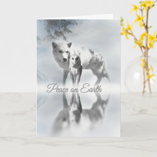 Wolf en Owl Peace on Earth Kerstmis Kaart (Gele Bloem)