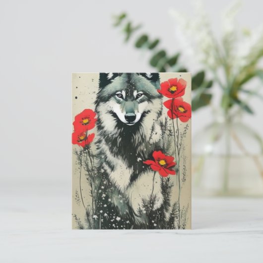 Wolf en papavers briefkaart (Staand voorkant)