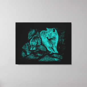 Wolf en raaf in de nacht canvas afdruk