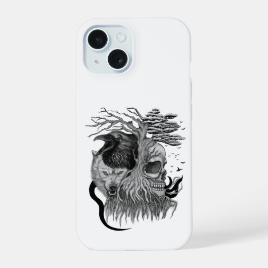 Wolf en Raaf met Schedel iPhone 15 Case (Achterkant)