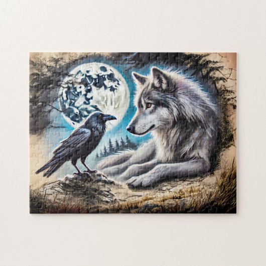 Wolf en raaf op rots bij volle maan legpuzzel (Horizontaal)
