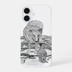 Wolf en raaf zwart-wit ontwerp iPhone 16 hoesje