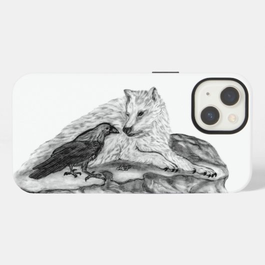 Wolf en raaf zwart-wit ontwerp iPhone hoesje (Achterkant horizontaal)
