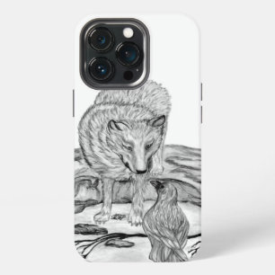 Wolf en raaf zwart-wit ontwerp iPhone 13 pro hoesje