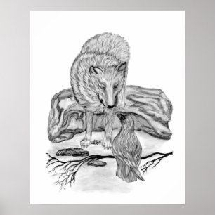 Wolf en raaf zwart-wit ontwerp poster