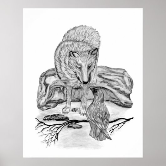 Wolf en raaf zwart-wit ontwerp poster (Voorkant)