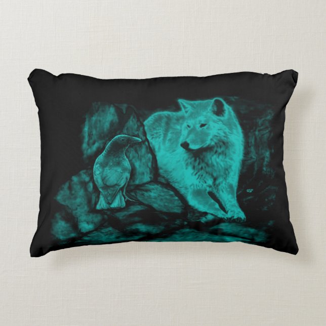 Wolf en Raven in de nacht Accent Kussen (Voorkant)