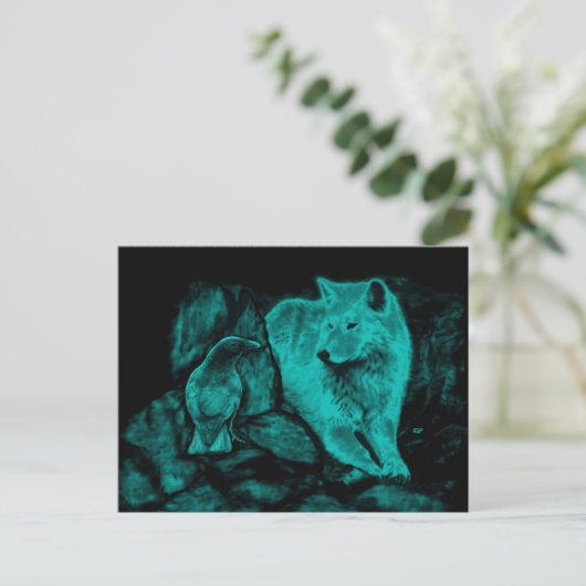 Wolf en Raven in de nacht Briefkaart (Staand voorkant)