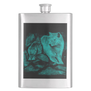 Wolf en Raven in de nacht Heupfles