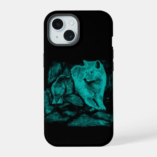 Wolf en Raven in de nacht iPhone 15 Case (Achterkant)