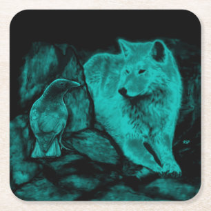 Wolf en Raven in de nacht Kartonnen Onderzetters