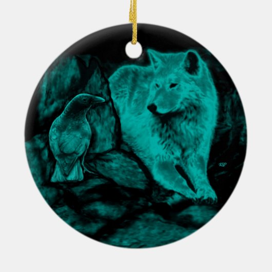 Wolf en Raven in de nacht Keramisch Ornament (Achterkant)