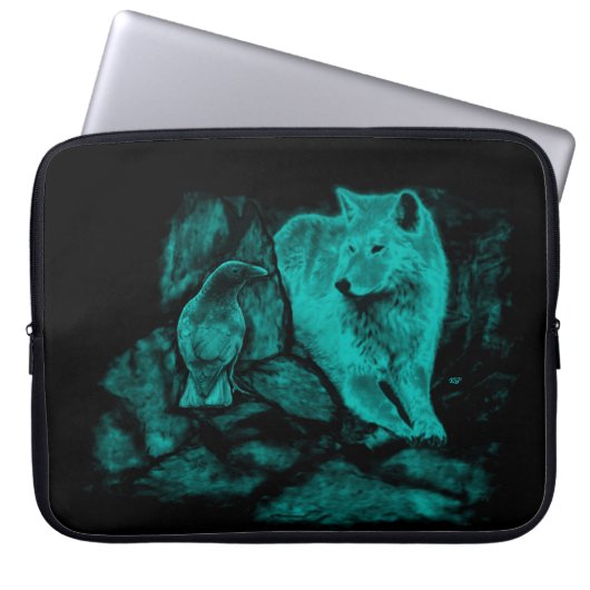 Wolf en Raven in de nacht Laptop Sleeve (Voorkant)