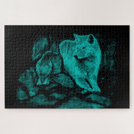 Wolf en Raven in de nacht Legpuzzel (Horizontaal)