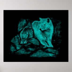 Wolf en Raven in de nacht Poster