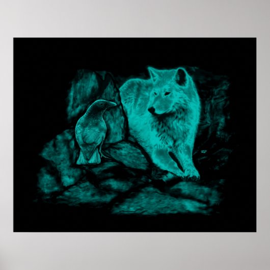 Wolf en Raven in de nacht Poster (Voorkant)