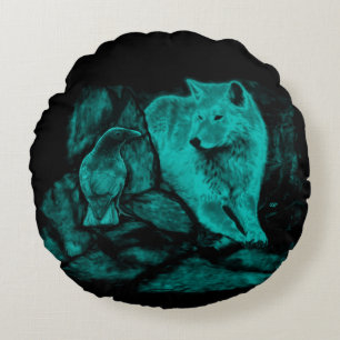 Wolf en Raven in de nacht Rond Kussen