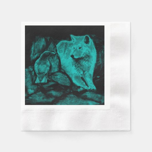 Wolf en Raven in de nacht Servetten (Voorkant)