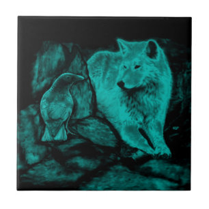 Wolf en Raven in de nacht Tegeltje