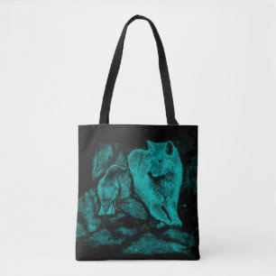 Wolf en Raven in de nacht Tote Bag